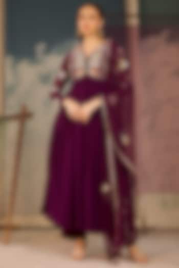 Deep Purple Georgette Hand Embellished Wedding Anarkali Set by Radha Sharma at Pernia's Pop Up Shop