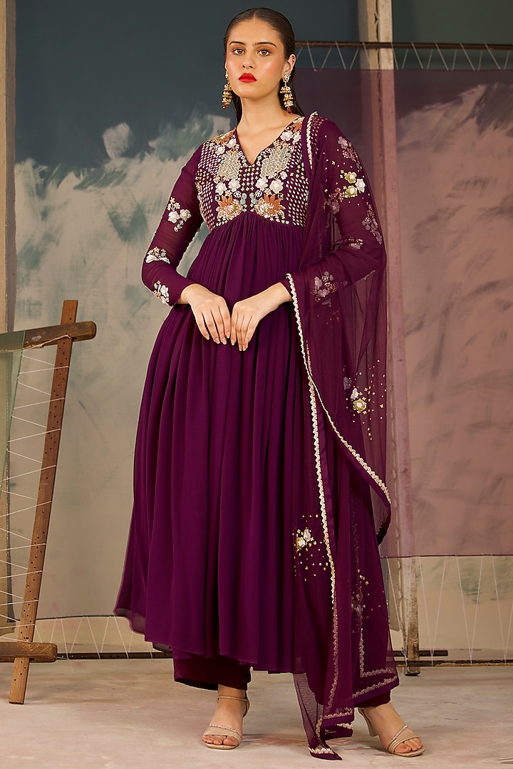 Deep Purple Georgette Hand Embellished Wedding Anarkali Set by Radha Sharma at Pernia's Pop Up Shop