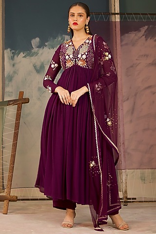 Deep Purple Georgette Hand Embellished Anarkali Set by Radha Sharma