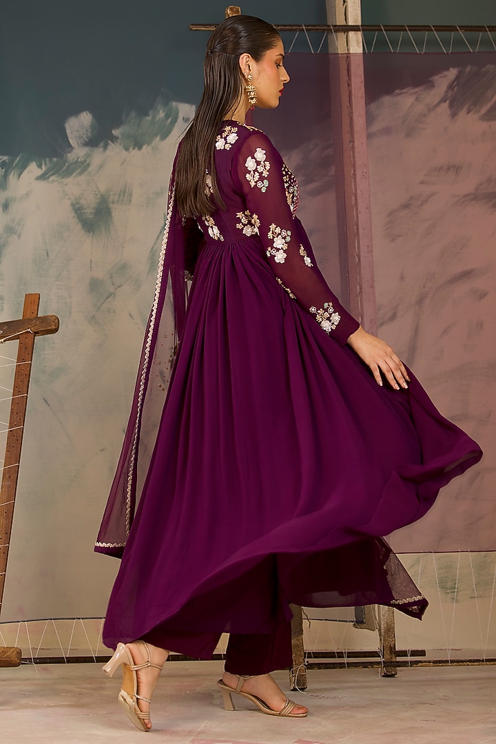 Deep Purple Georgette Hand Embellished Wedding Anarkali Set by Radha Sharma at Pernia's Pop Up Shop