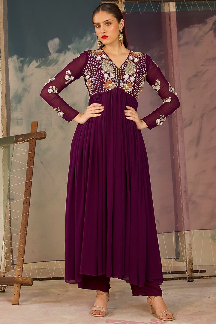 Deep Purple Georgette Hand Embellished Wedding Anarkali Set by Radha Sharma at Pernia's Pop Up Shop