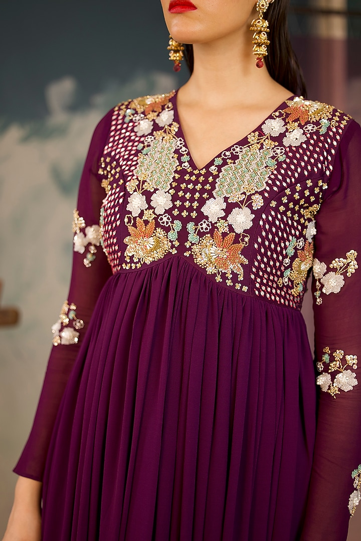 Deep Purple Georgette Hand Embellished Wedding Anarkali Set by Radha Sharma at Pernia's Pop Up Shop