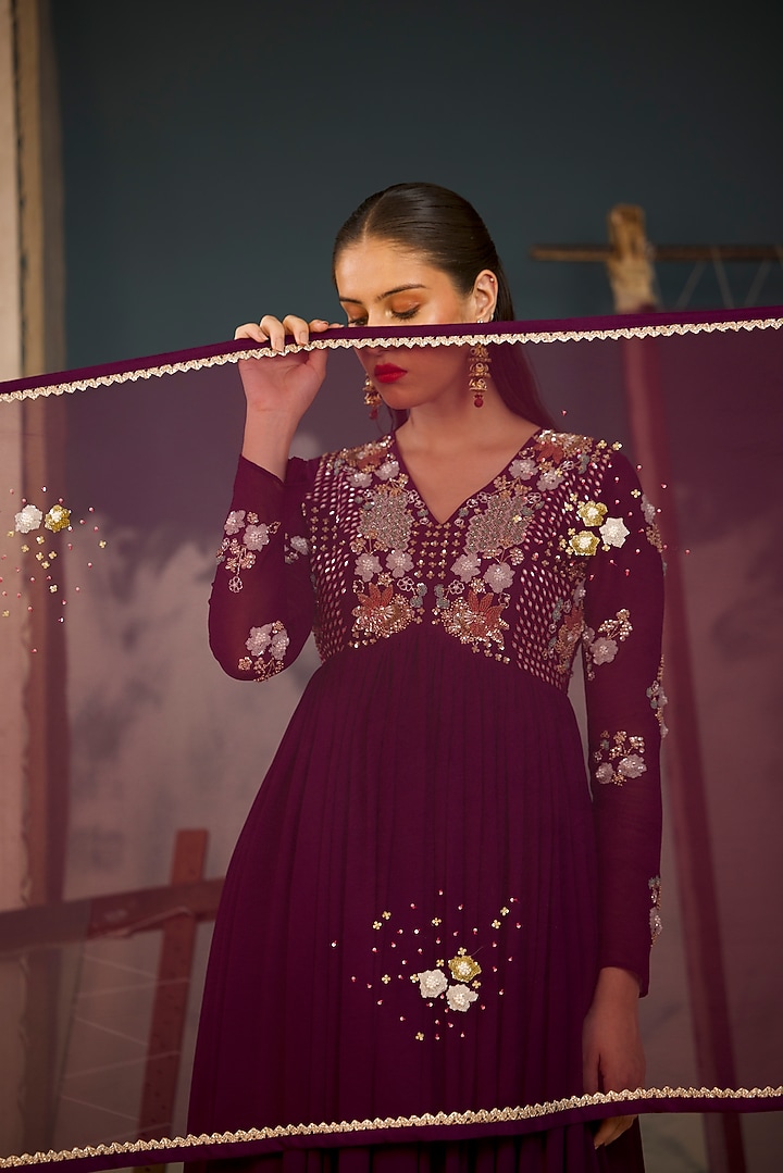 Deep Purple Georgette Hand Embellished Wedding Anarkali Set by Radha Sharma at Pernia's Pop Up Shop