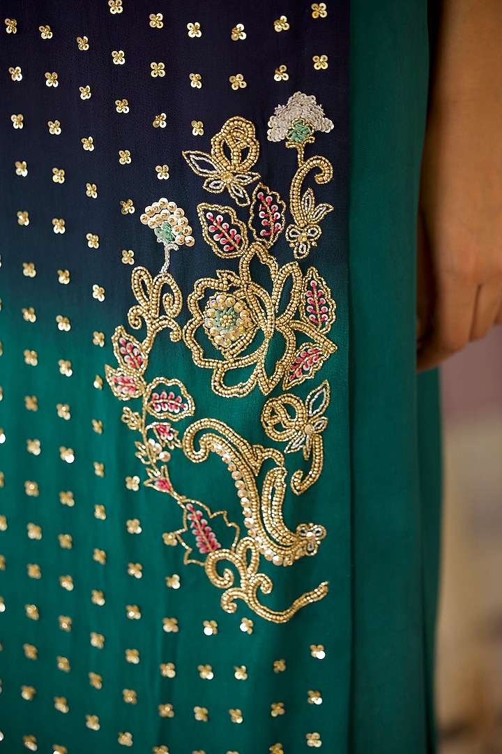 Blue & Green Ombre Georgette Hand Embroidered Kurta Set by Radha Sharma at Pernia's Pop Up Shop