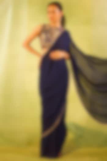 Navy Blue Georgette Pleated Wedding Saree Set by Radha Sharma at Pernia's Pop Up Shop