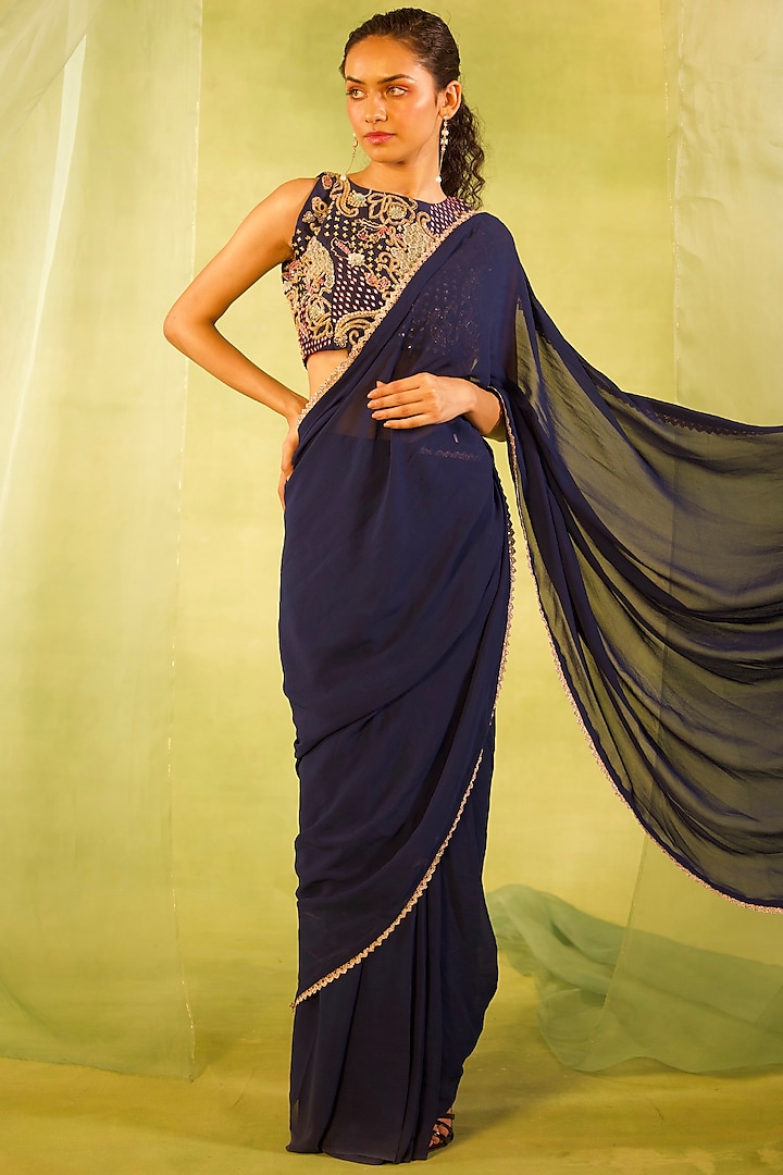 Navy Blue Georgette Pleated Wedding Saree Set by Radha Sharma at Pernia's Pop Up Shop