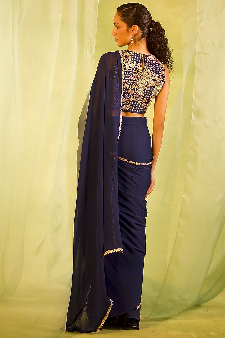 Navy Blue Georgette Pleated Wedding Saree Set by Radha Sharma at Pernia's Pop Up Shop
