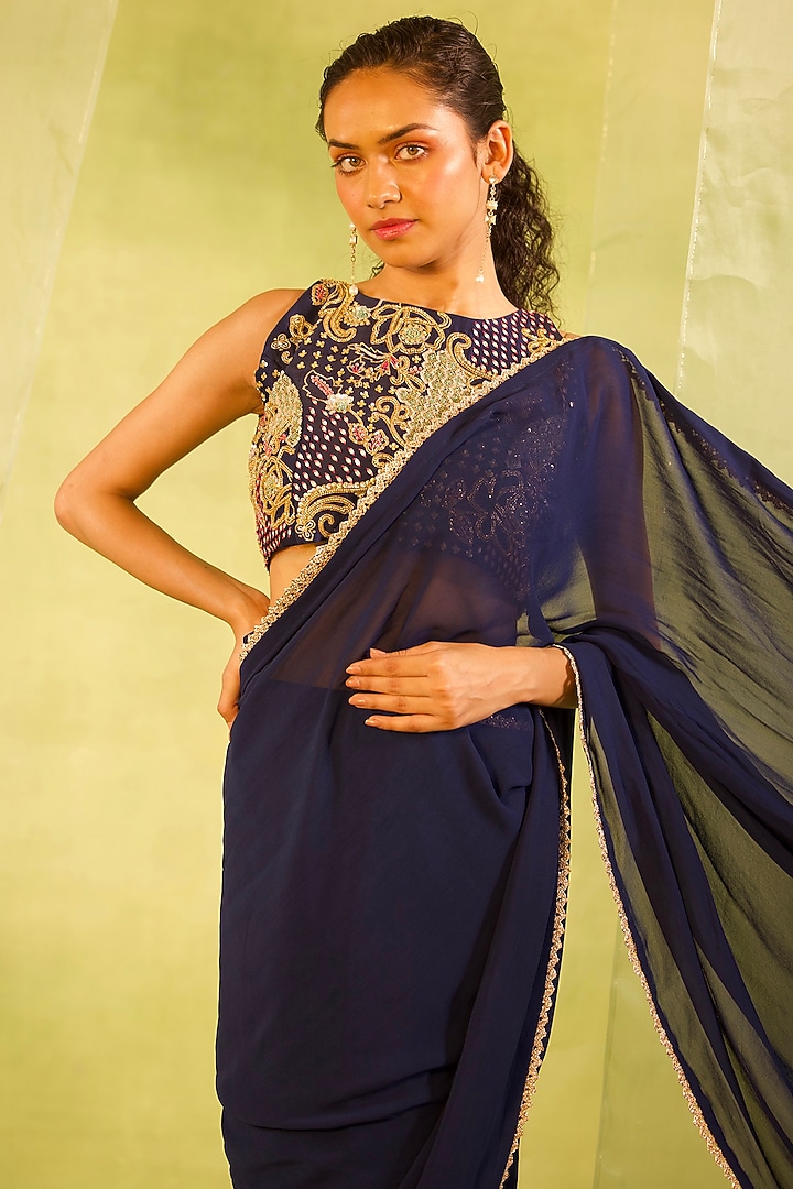 Navy Blue Georgette Pleated Wedding Saree Set by Radha Sharma at Pernia's Pop Up Shop