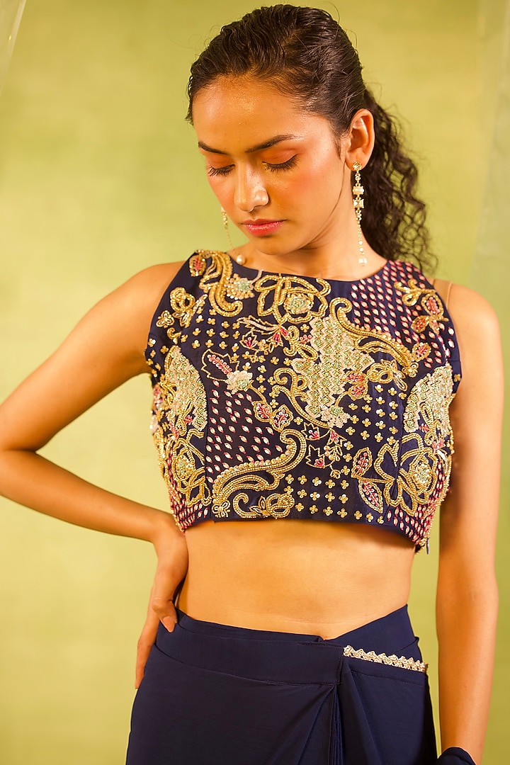Navy Blue Georgette Pleated Wedding Saree Set by Radha Sharma at Pernia's Pop Up Shop
