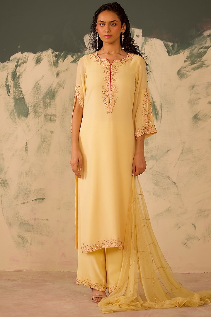 Light Yellow Georgette Hand Embroidered Kurta Set by Radha Sharma at Pernia's Pop Up Shop