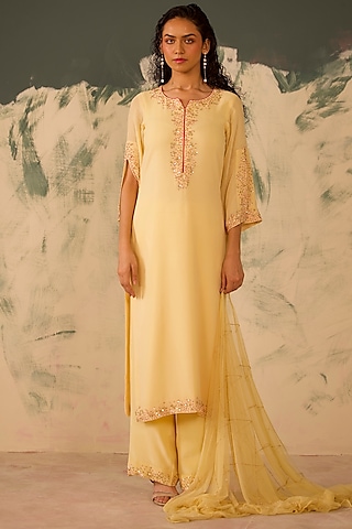 Light Yellow Georgette Hand Embroidered Kurta Set by Radha Sharma