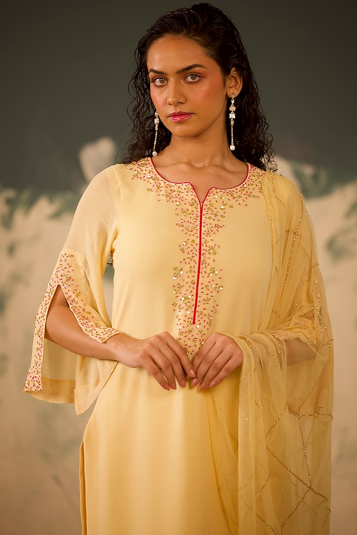 Light Yellow Georgette Hand Embroidered Kurta Set by Radha Sharma at Pernia's Pop Up Shop