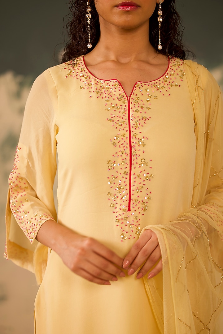 Light Yellow Georgette Hand Embroidered Kurta Set by Radha Sharma at Pernia's Pop Up Shop