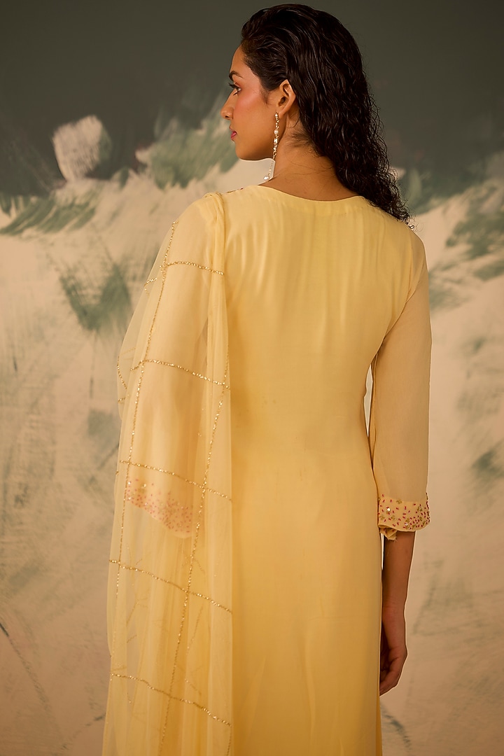 Light Yellow Georgette Hand Embroidered Kurta Set by Radha Sharma at Pernia's Pop Up Shop