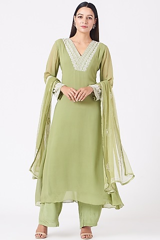 Sage Green Embroidered A-Line Kurta Set by Radha Sharma