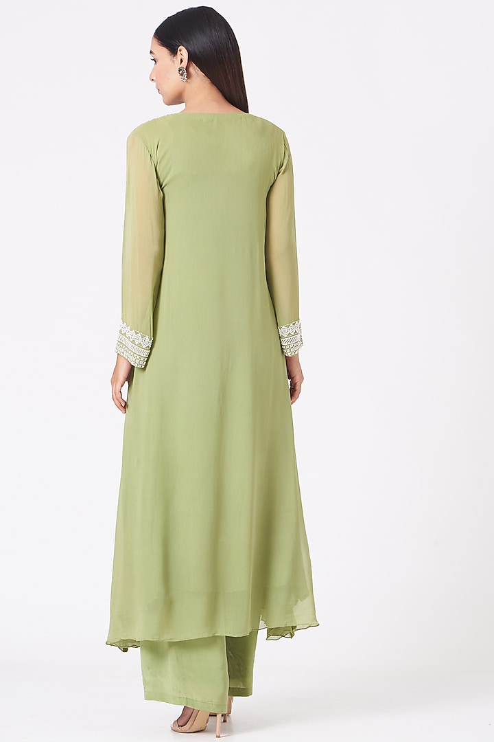 Sage Green Embroidered A-Line Kurta Set by Radha Sharma at Pernia's Pop Up Shop