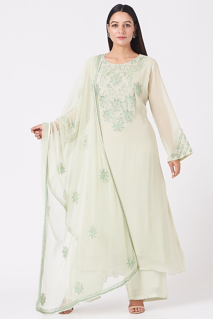 Pale Green Embroidered A-Line Kurta Set by Radha Sharma at Pernia's Pop Up Shop