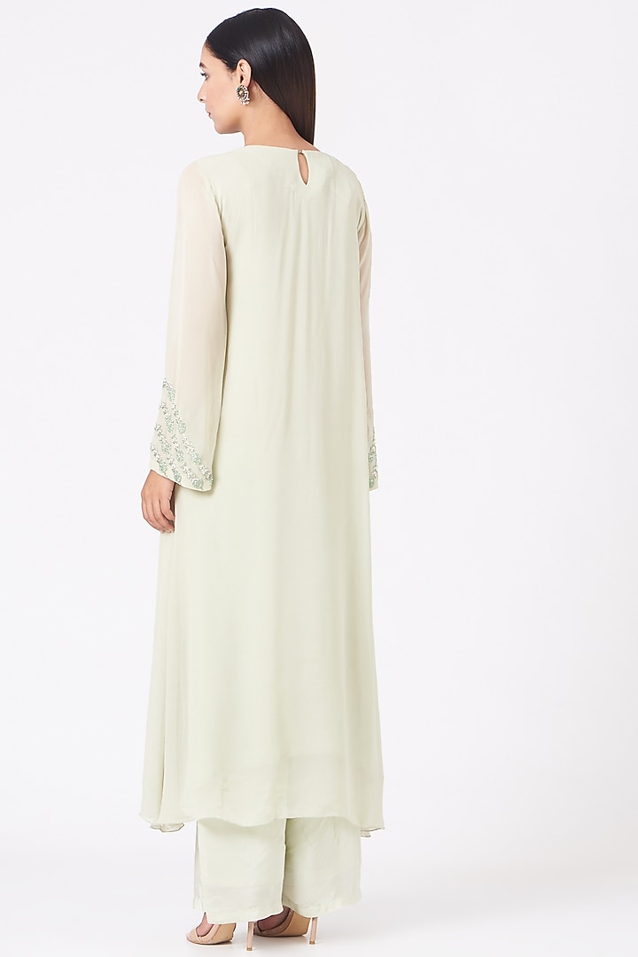 Pale Green Embroidered A-Line Kurta Set by Radha Sharma at Pernia's Pop Up Shop
