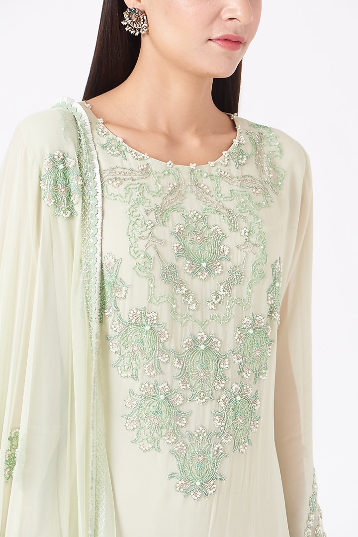 Pale Green Embroidered A-Line Kurta Set by Radha Sharma at Pernia's Pop Up Shop