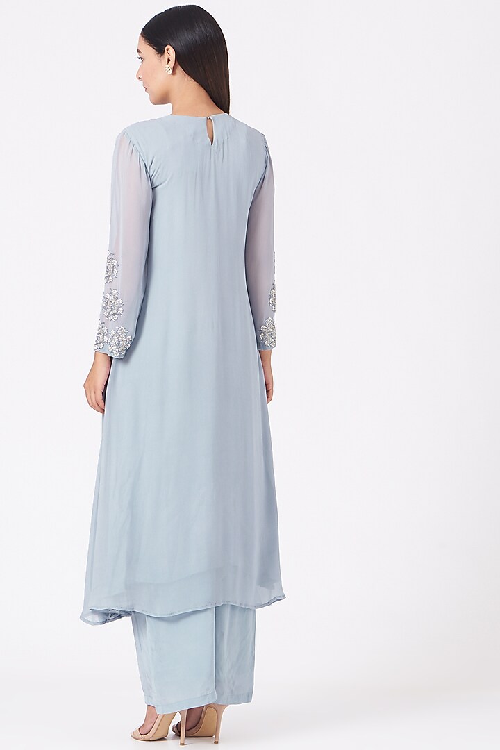 Steel Blue Hand Embroidered Kurta Set by Radha Sharma at Pernia's Pop Up Shop