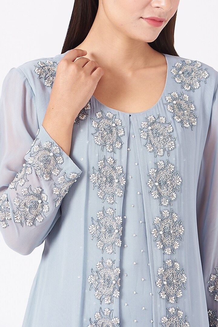 Steel Blue Hand Embroidered Kurta Set by Radha Sharma at Pernia's Pop Up Shop