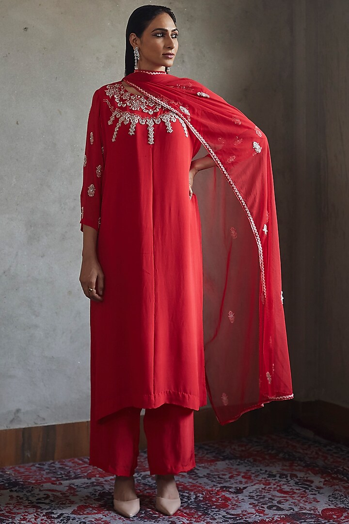 Deep Red Aari Embroidered A-Line Kurta Set by Radha Sharma