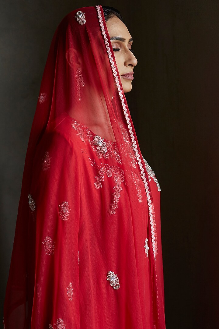 Deep Red Aari Embroidered A-Line Kurta Set by Radha Sharma at Pernia's Pop Up Shop
