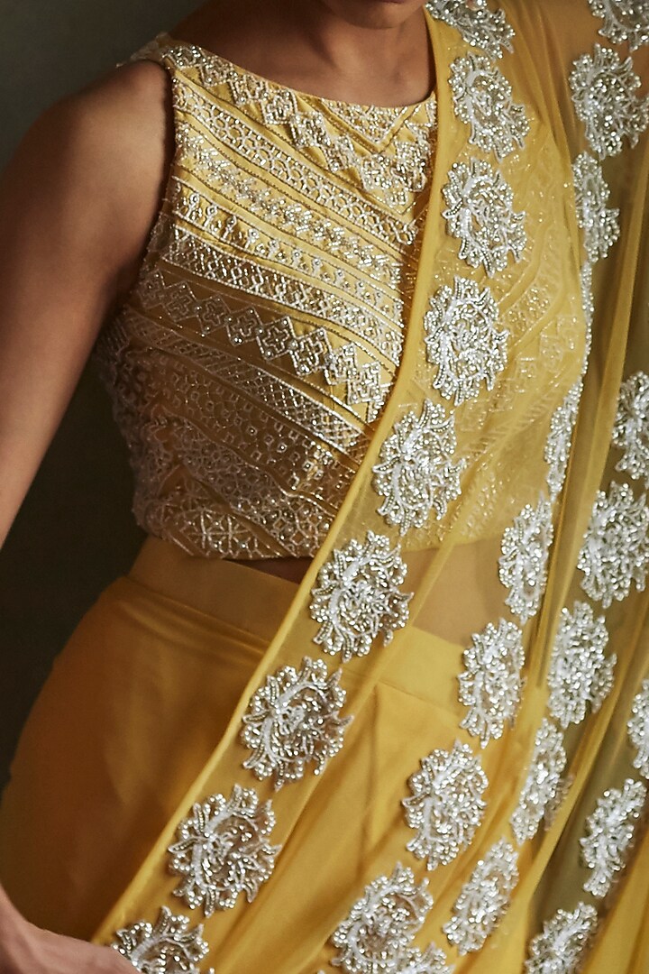 Faded Yellow Embroidered & Printed Pleated Wedding Saree Set by Radha Sharma at Pernia's Pop Up Shop