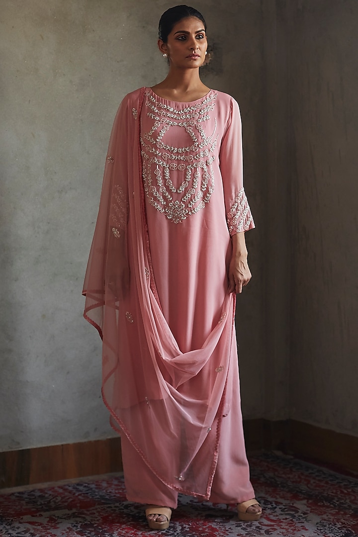Blush Pink Aari Embroidered A-Line Kurta Set by Radha Sharma