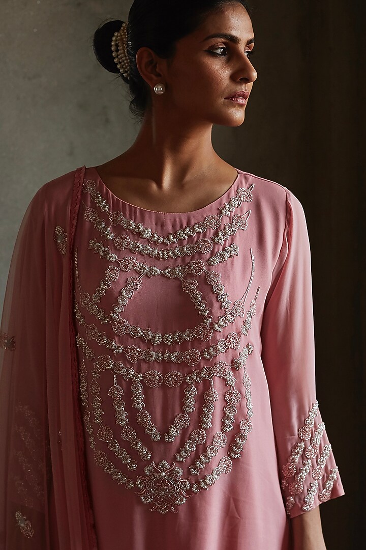 Blush Pink Aari Embroidered A-Line Kurta Set by Radha Sharma at Pernia's Pop Up Shop