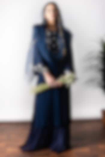 Dark Navy Blue Aari Embroidered Straight Kurta Set by Radha Sharma