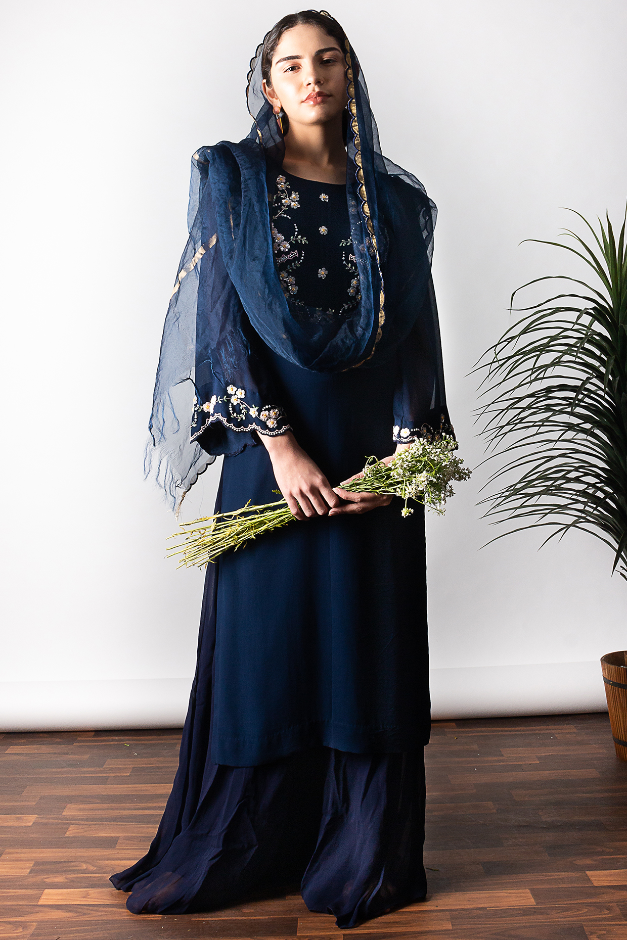 Dark Navy Blue Aari Embroidered Straight Kurta Set by Radha Sharma