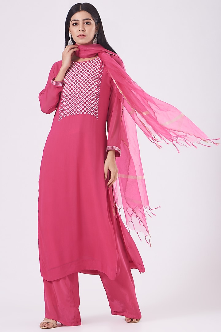 Ruby Pink Hand Embroidered Kurta Set by Radha Sharma