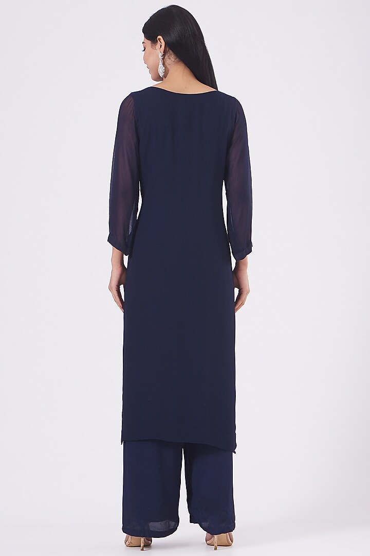 Dark Blue Hand Embroidered Kurta Set by Radha Sharma at Pernia's Pop Up Shop