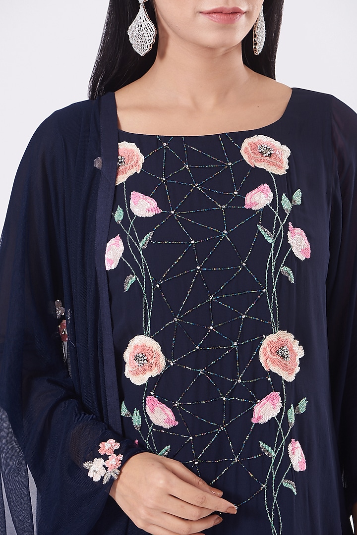 Dark Blue Hand Embroidered Kurta Set by Radha Sharma at Pernia's Pop Up Shop