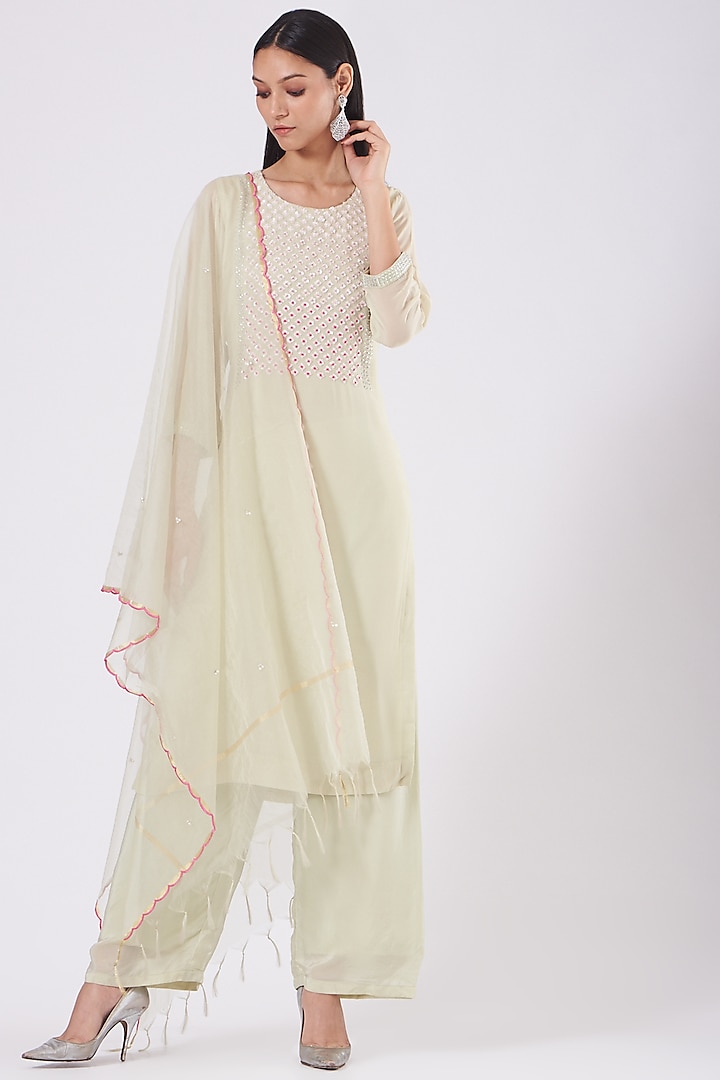 Pastel Green Embroidered Kurta Set by Radha Sharma