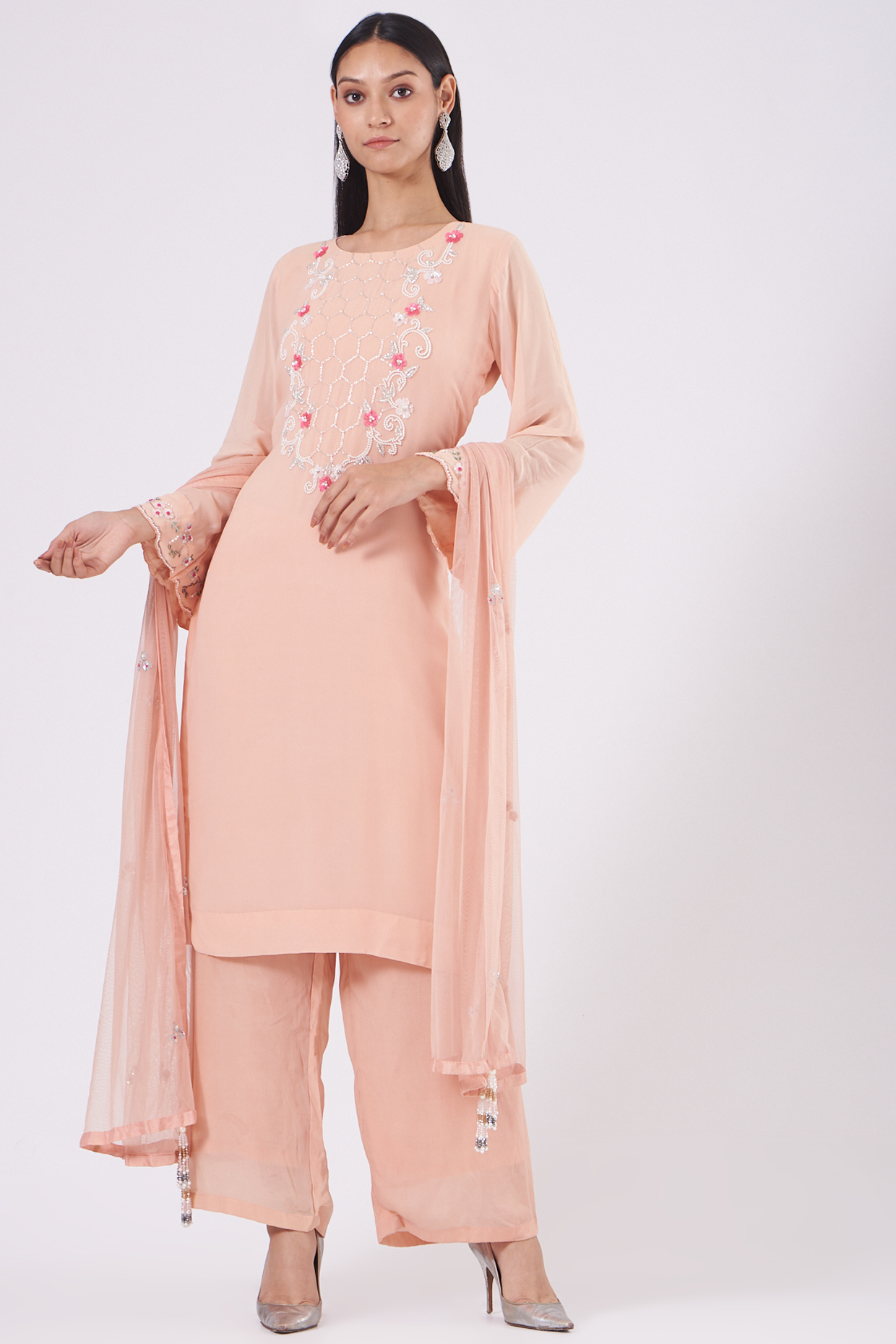 Salmon Peach Hand Embroidered Kurta Set by Radha Sharma