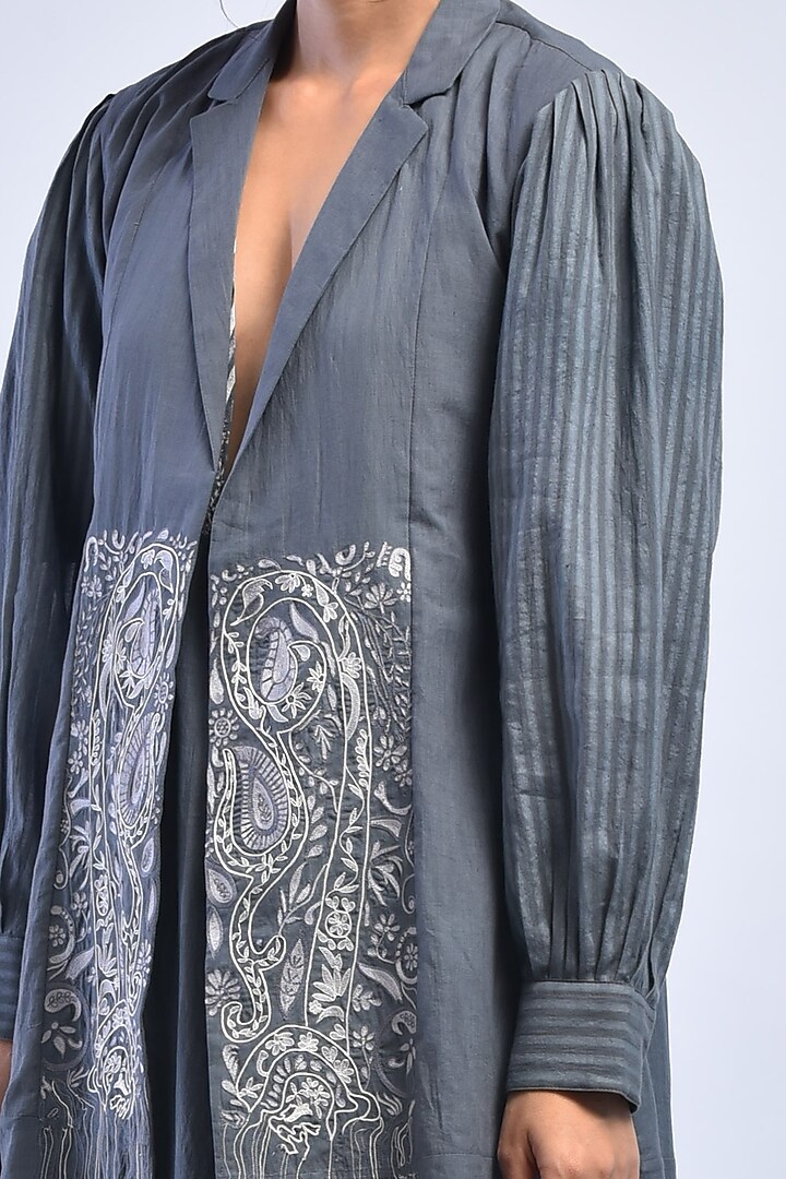 Charcoal Hand Embroidered Jacket by Raffughar at Pernia's Pop Up Shop