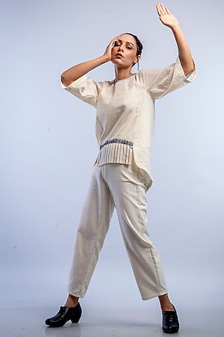 Ivory Hand Embroidered Top With Slip by Raffughar