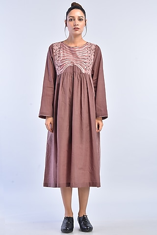 Aubergine Hand Embroidered Dress With Slip by Raffughar