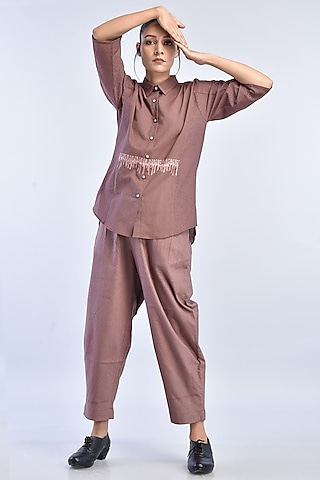Aubergine Hand Embroidered Shirt by Raffughar