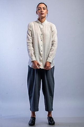 Mild Blue Striped Shirt With Embroidered Buttons by Raffughar