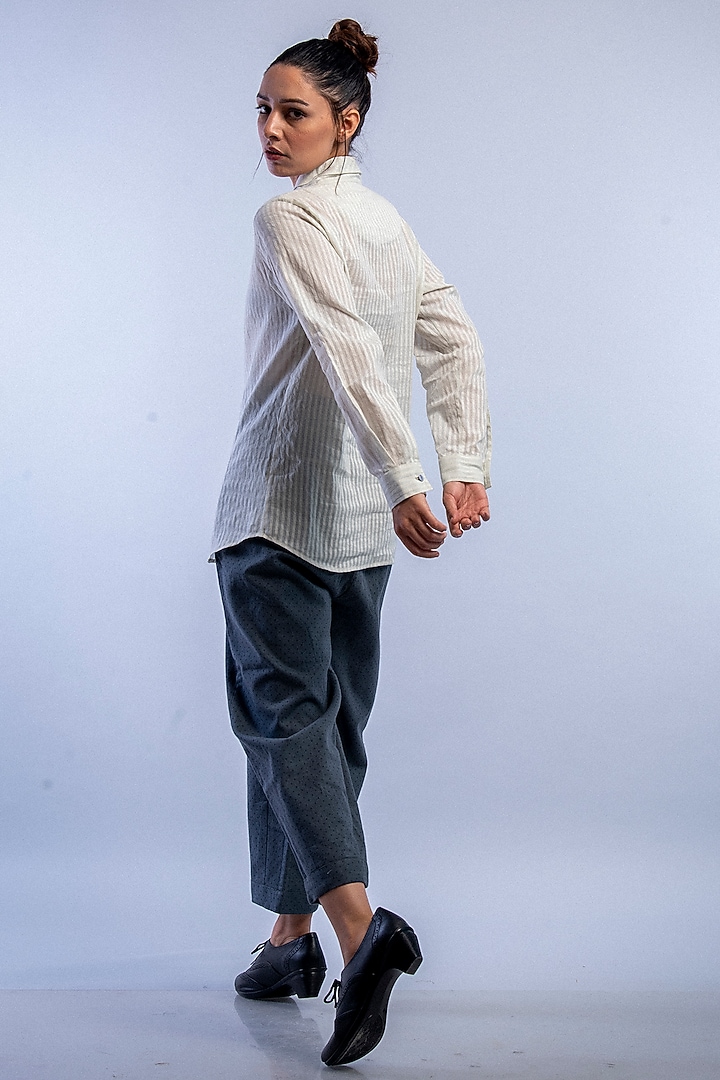 Mild Blue Striped Shirt With Embroidered Buttons by Raffughar at Pernia's Pop Up Shop