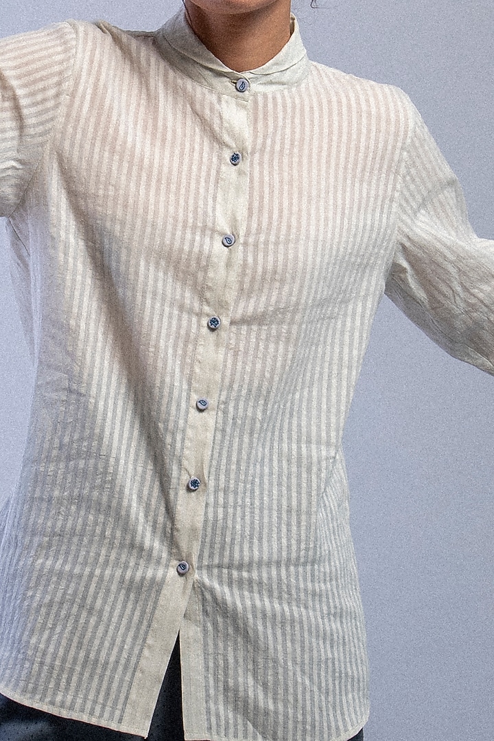 Mild Blue Striped Shirt With Embroidered Buttons by Raffughar at Pernia's Pop Up Shop