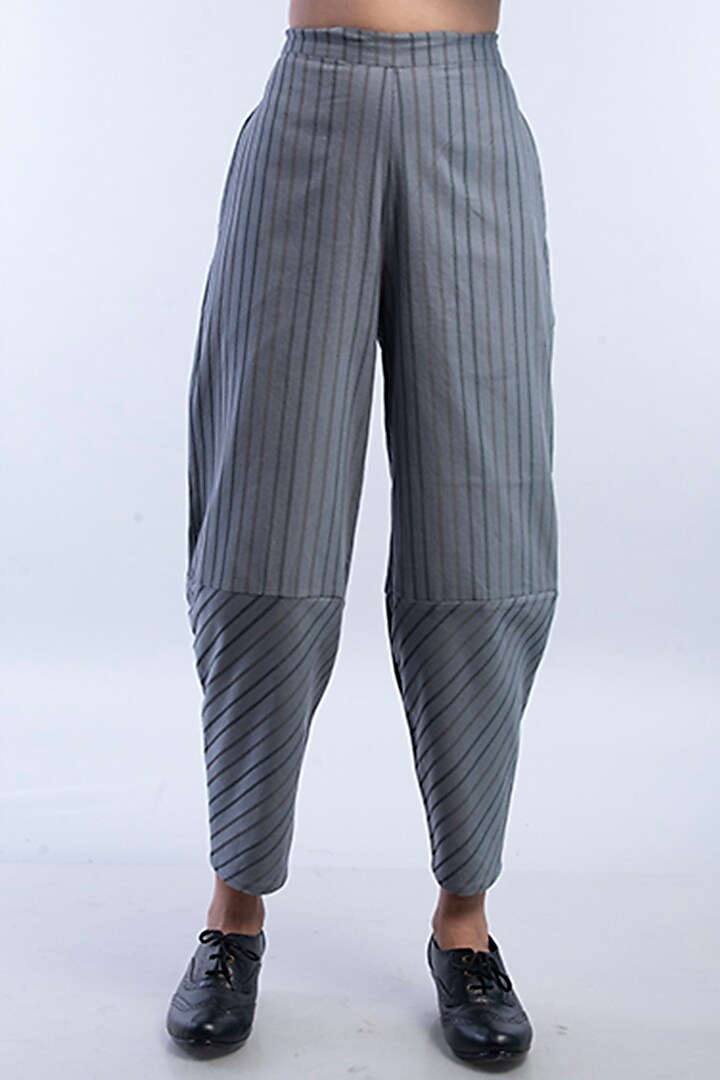 Grey Hand Block Printed Trousers by Raffughar at Pernia's Pop Up Shop