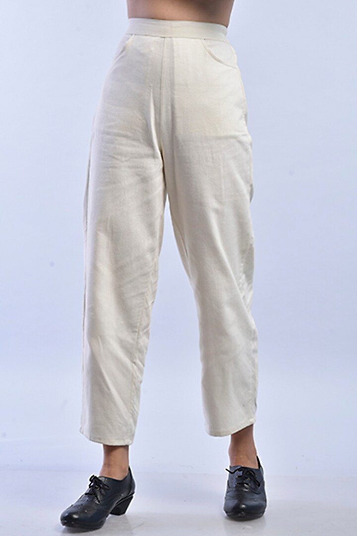 Off White Hand Block Printed Trousers by Raffughar