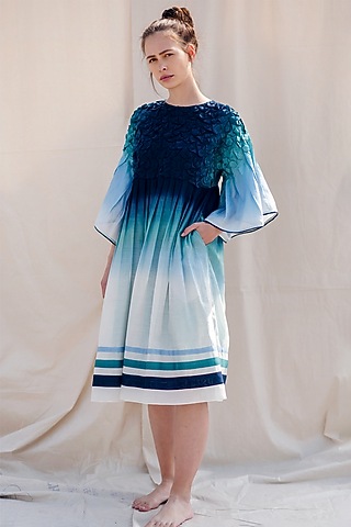 Poseiden Blue & Clover Green Handwoven Ombre Dress by Raffughar