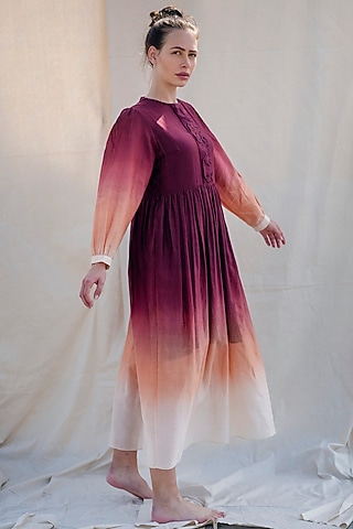 Syrup Brown & Ochre Handwoven Ombre Dress by Raffughar