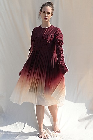 Syrup Brown & Ochre Handwoven Ombre Dress by Raffughar