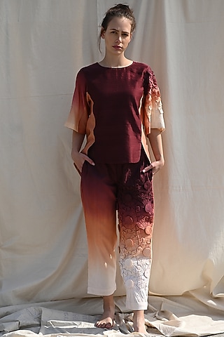 Syrup Brown & Ochre Handwoven Top by Raffughar